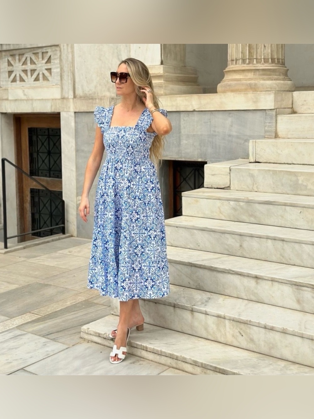 Hill House Home Blue Tile Print Smocked Midi Dress – Size Medium - Picture 2 of 16